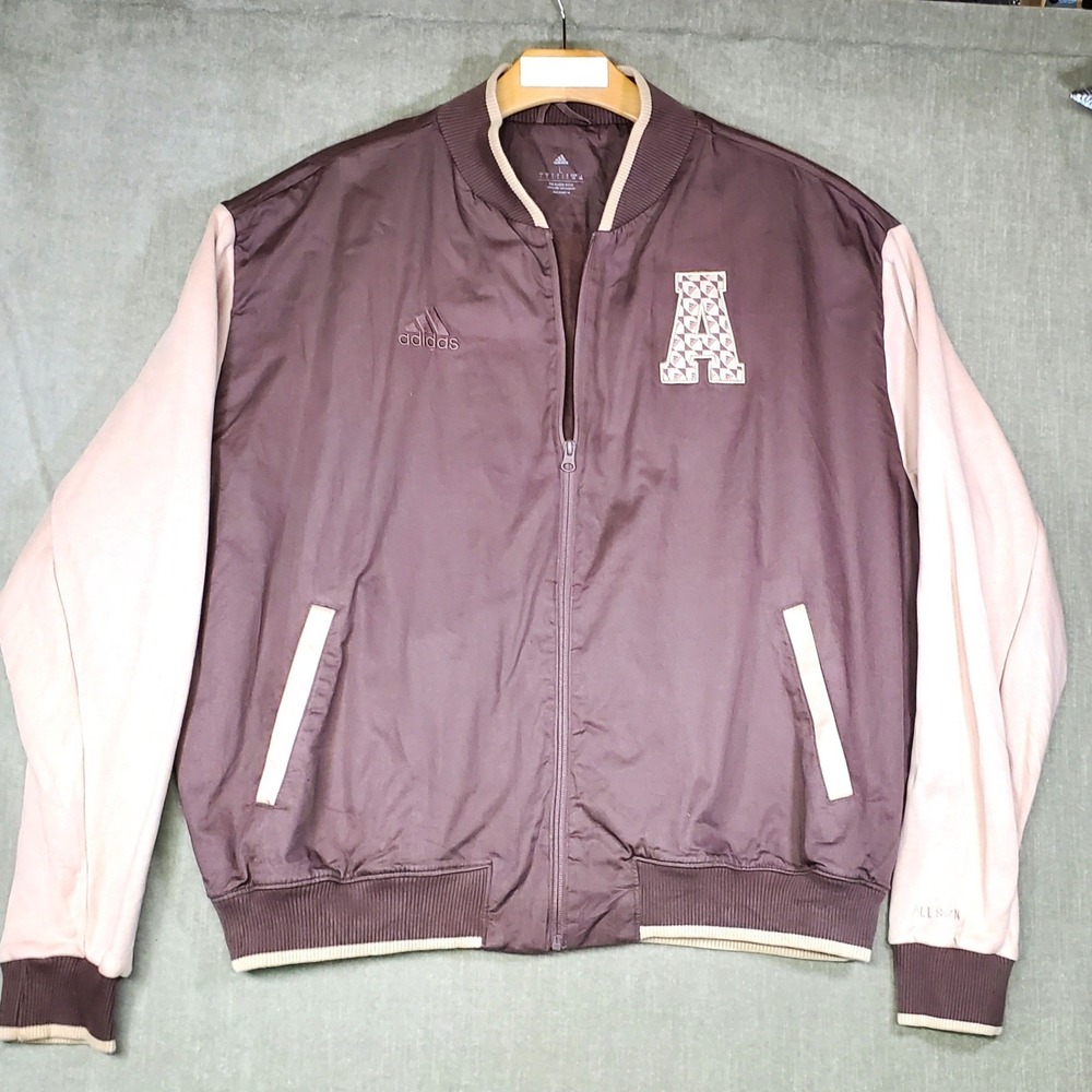 Adidas ALL SZN Logomania Mens Brown Varsity Bomber Jacket Full Zip Letterman L
